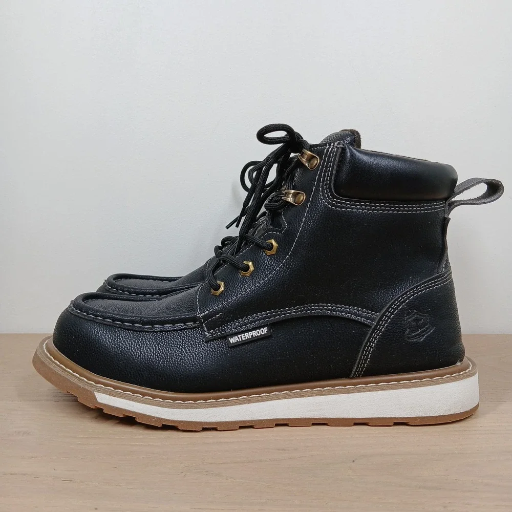 Kelodon Work Boots Mens 10 Black Leather Waterproof Moc Toe Wedge Utility